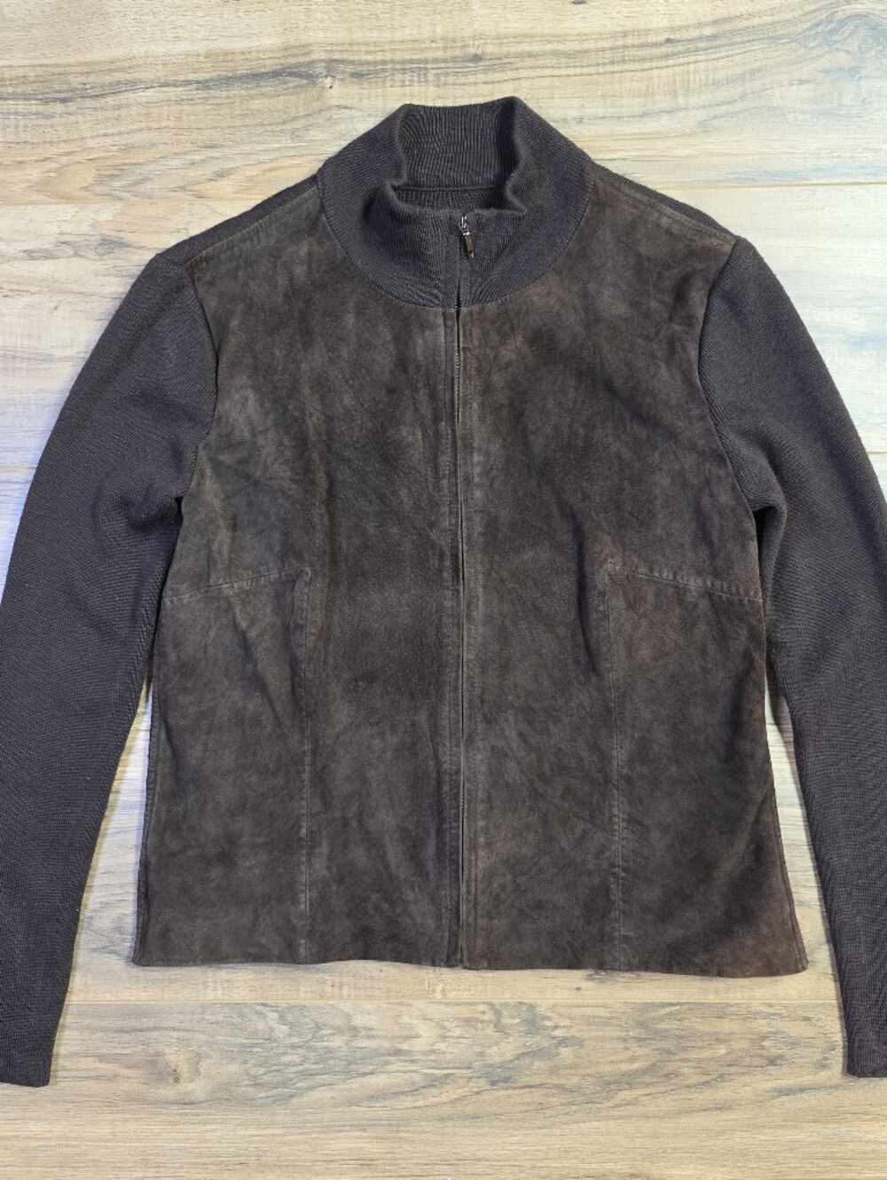 Mossimo Leather Suede Knit Full Zip Jacket Brown M Women